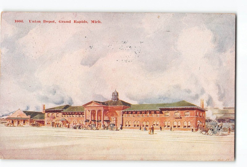 Grand Rapids Michigan MI Postcard 1909 Union Depot Railroad Train Station