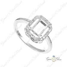 8x6mm Emerald Cut Semi Mount Ring 925 Sterling Silver Solitaire Halo Women Ring