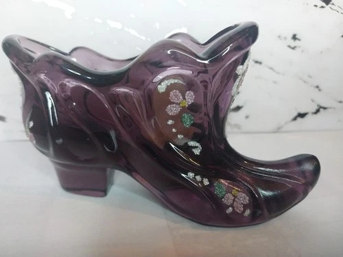 FENTON PURPLE GLASS  SLIPPER, SHOE,  HAND-PAINTED, And ARTIST SIGNED