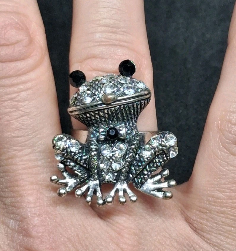 Silver Tone Rhinestone Frog Adjustable Statement … - image 3
