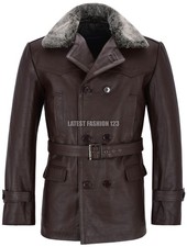 Luxury Men's Brown German Army Officer Dr Who Fur Cowhide Leather Jacket Coat