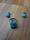 Vintage Sterling Silver Turquoise Color Ring size 6 & Pierced Stud Earrings Set