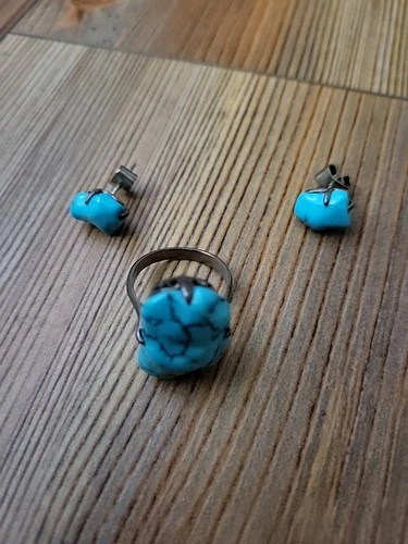Vintage Sterling Silver Turquoise Color Ring size 6 & Pierced Stud Earrings Set