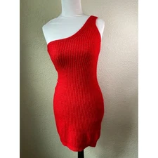 Divided One Shoulder Bodycon Dress Ribbed Knit Sleeveless Party Red M