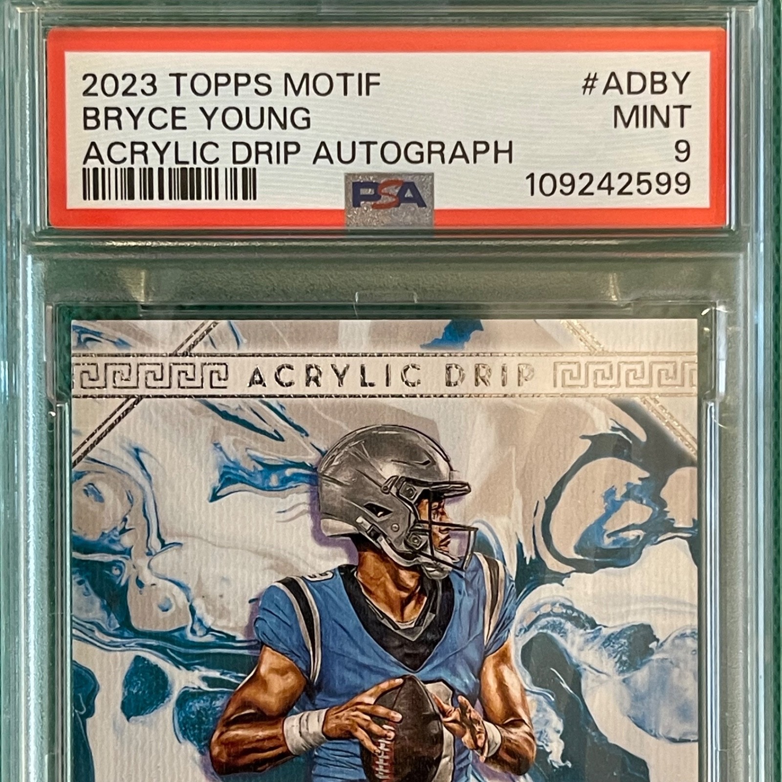 2023 TOPPS MOTIF BRYCE YOUNG RC ROOKIE AUTO #’D /49 PSA 9 ACRYLIC DRIP ON CARD view 2