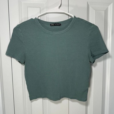 Zara Crop Top Women Size M Green Short Sleeve Ribbed Crew Neck Tee Basic Capsule