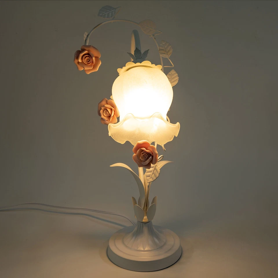 Lámpara de mesa rosa con flores Lámpara de noche Lámpara de escritorio de vidrio floral LED E26 EE. UU. Foto 4 de 4