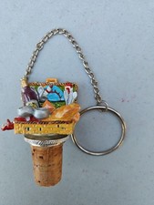 Vtg  Painted Pewter Wine Bottle Cork Stopper Picnic Basket Bread,Cheese,Wine 