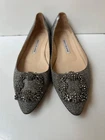 Manolo Blahnik Hangisi Jeweled Glittered Silver Satin Women's Flat EUR 38/USA 8