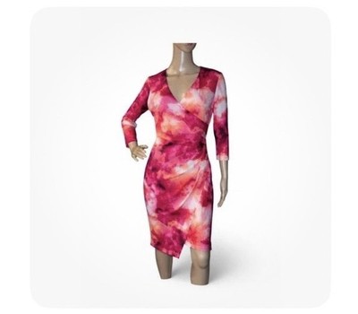 Calvin Klein Dress Women s 12 Pink Floral Sheath Faux Wrap Ruched 3/4 Sleeve