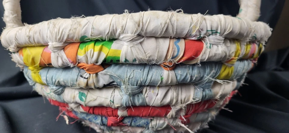 Vintage Handmade Bamboo & Fabric Basket Cottage Core Primitive Pastel 14"x12"x13 - Image 3 of 4