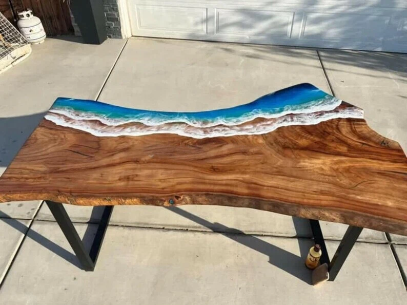 Natural Live Edge Epoxy Table Top with Iron Stand Resin River Kitchen Countertop - Image 2 of 4