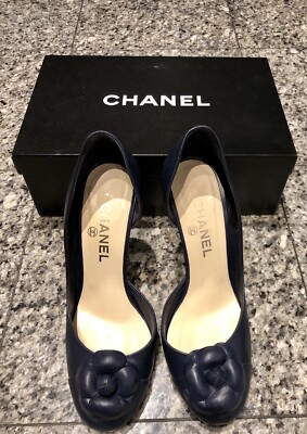 CHANEL Navy Blue Camellia Leather Heels Shoes | eBay
