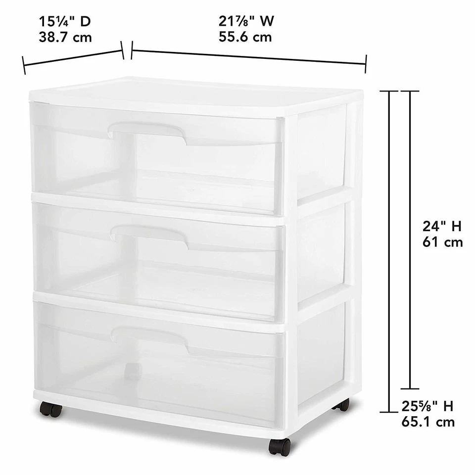 Sterilite White Frame with Clear Drawers and Black Casters Wide 3-Drawer Cart - Image 2 of 4