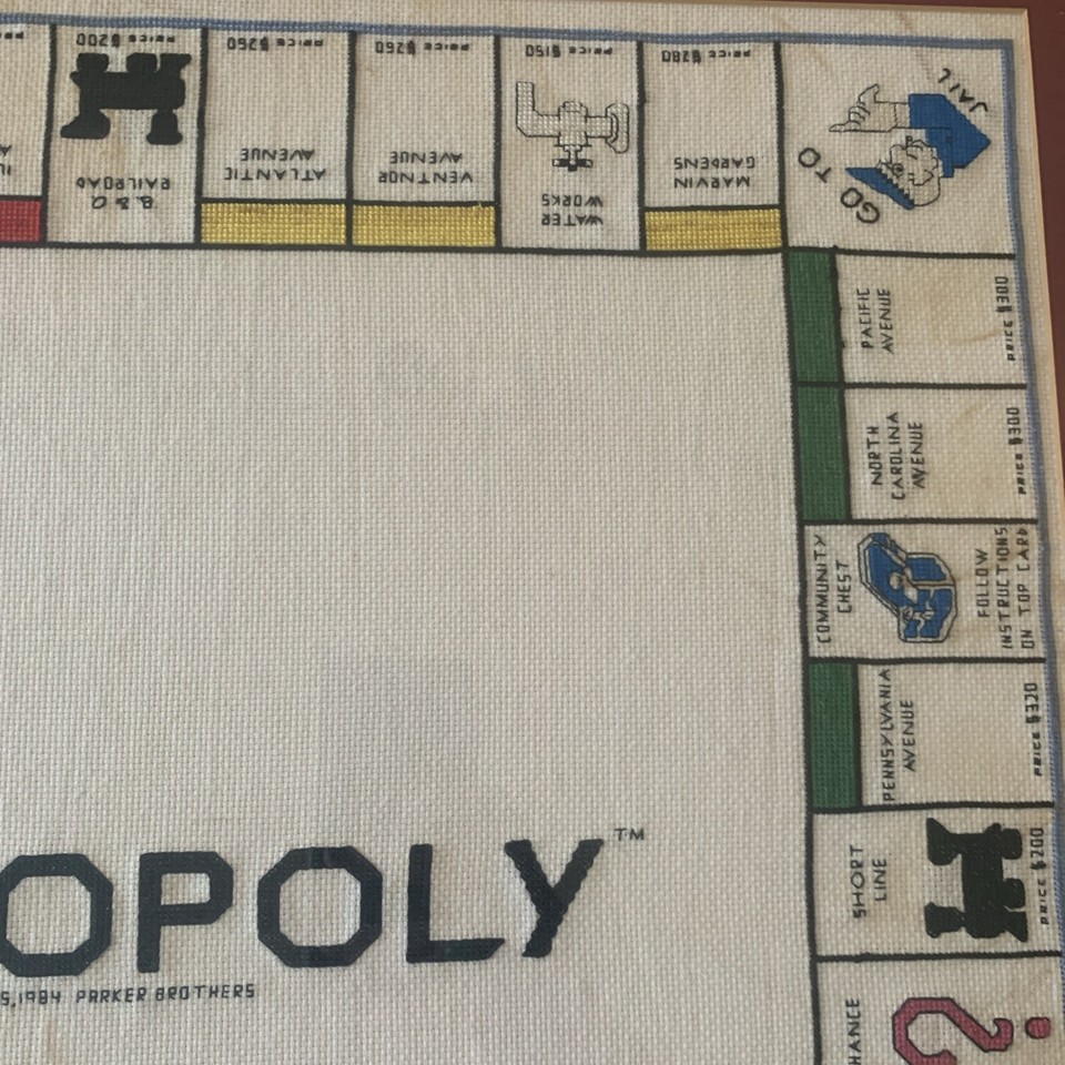 VTG Monopoly CrossStitch Game Board Framed 1984 Completed Needlepoint