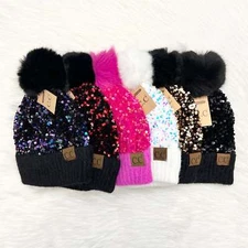 C.C Sparkly Sequin Pom Beanies (Adults), Winter Hat, Winter Beanie, Warm Beanie