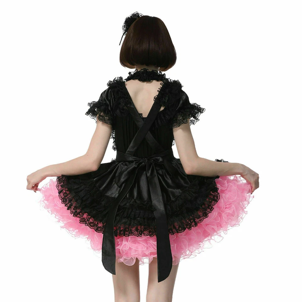 Sissy Girl Maid Square Cut Neckline Satin Black Pink Puffy Dress Custom  - Image 3 of 4