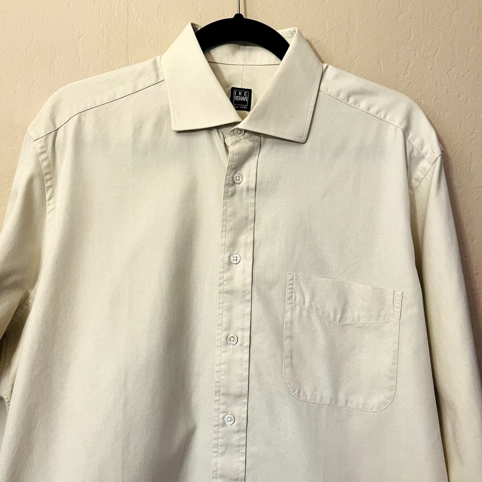 Camisa de vestir IKE BEHAR New York para hombre talla 16 L abotonada manga larga sarga marfil Foto 2 de 4