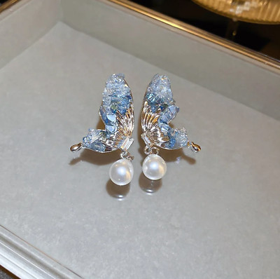 Little Queen rhinestone crystal silver butterfly drop dangle pearl earrings