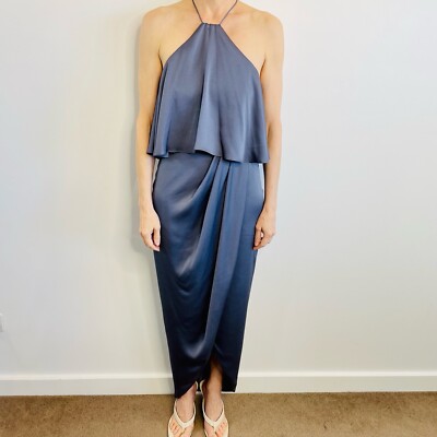 Shona Joy Sz 8 Blue Smoke High Neck Frill Cocktail Dress Australia Designer eBay UK