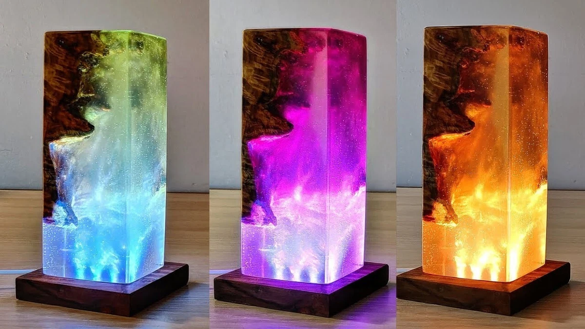 Epoxy Resin Night Light, Unique color changing resin wood lamp