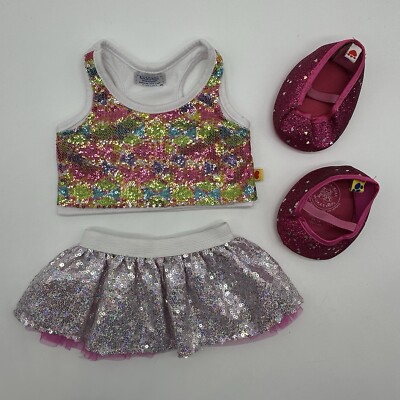 Build A Bear Rainbow Sequin Top Tulle Silver Sparkle Skirt Shoes Teddy Set- READ