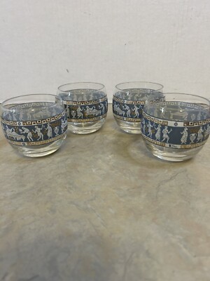 Vtg Cera Glass Etruscan Frieze Roly Poly Glasses 22k Gold Blue Greek Key Set 4