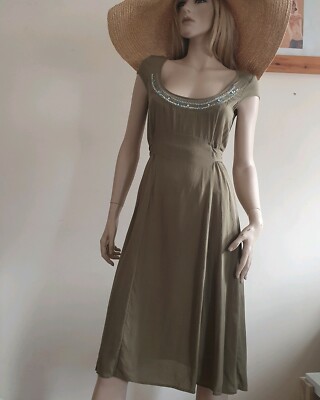 Noa Noa olive green 100% silk midi dress with belt Size S