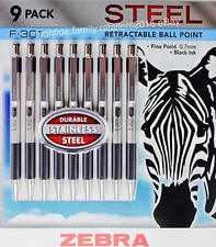 Zebra F-301 Steel Retractable Ball Point Pens Fine Point 0.7mm Black Ink, 9 Pack