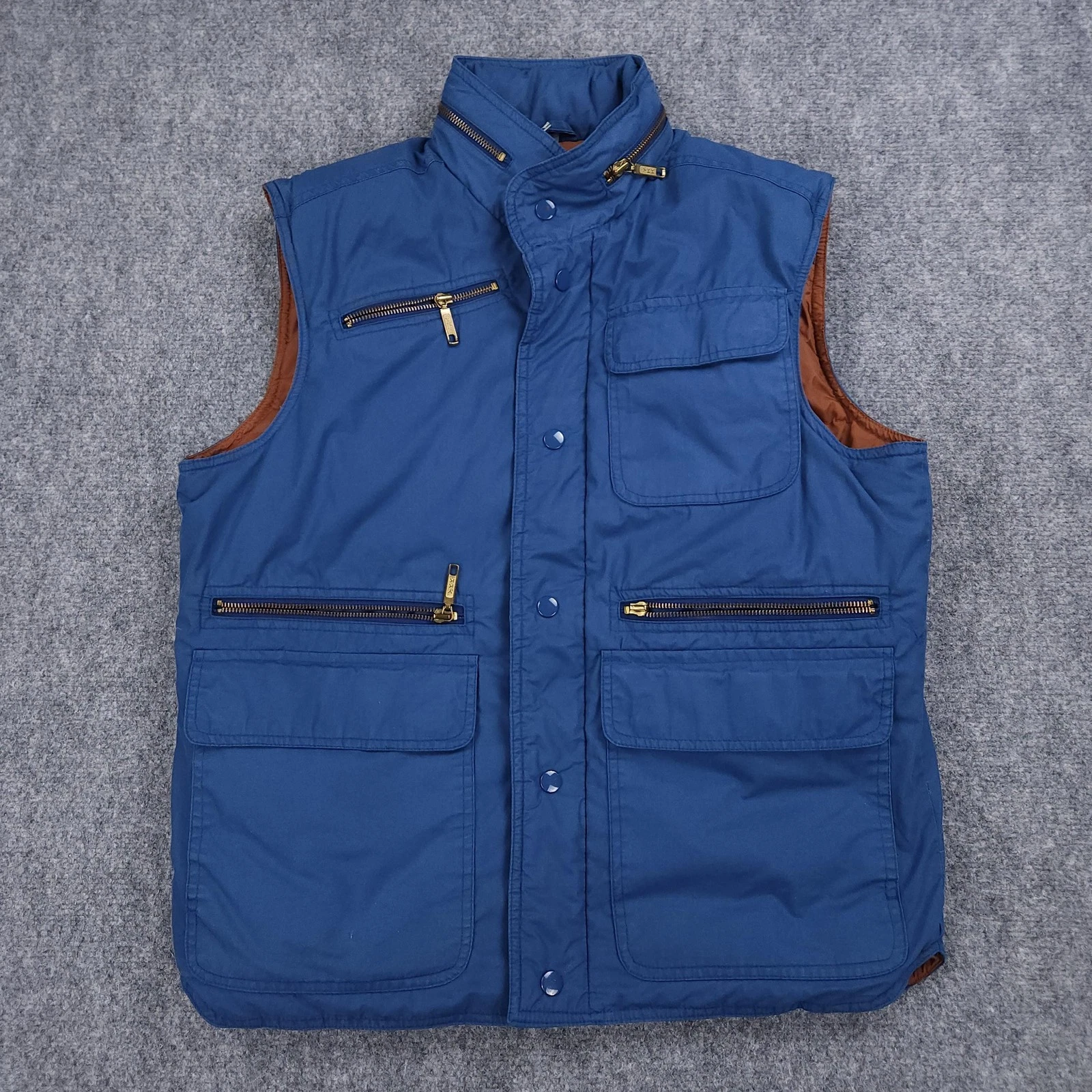 Black Bear Down Vest Mens Medium Blue Brown Hooded Puffer Hiking Camping