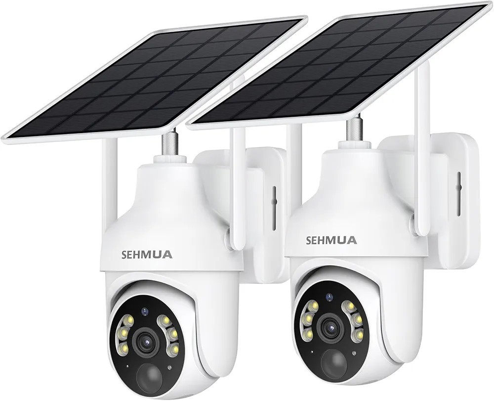 Sehmua 2K Solar Security Cameras Wireless Outdoor, 2 Pack 360° View Pan/Tilt Wif