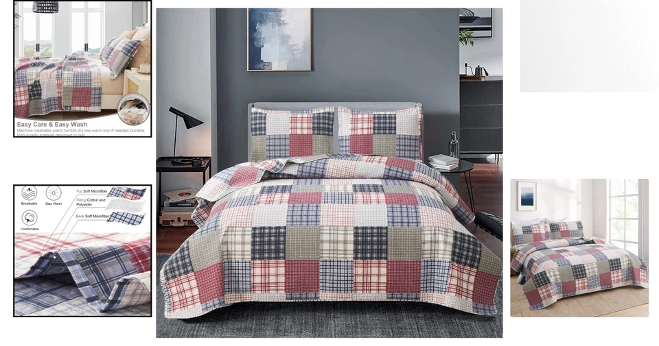 Quilt Set Queen Size Plaid Bedspread Set Soft Lightweight Bedding Set Red Nav... - Image 2 of 4