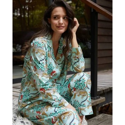 Printfresh Womens XS Organic Cotton Pajama Set Holiday Santa Cheetah Mint Green