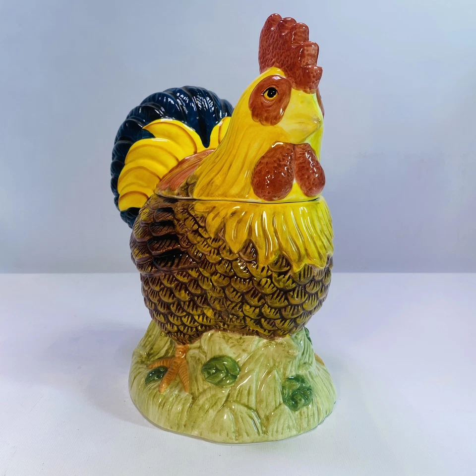Tarro de galletas de pollo de gallo de colección otoño otoño colores amarillo azul acción de gracias Foto 3 de 4