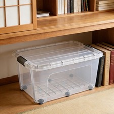 75L Clear Plastic Storage Box Stackable Click Lid with 6 Wheels Big Home Office