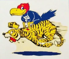 Vintage KU Jayhawk Riding Tiger College Rivalry Cartoon Print 12x8in Metal Sign