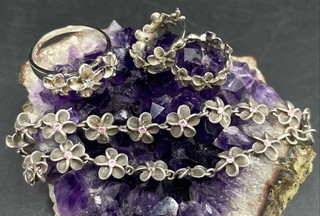 Tested 925 Silver Plumeria Style Floral Ring Earrings Bracelet Set W/ Crystals