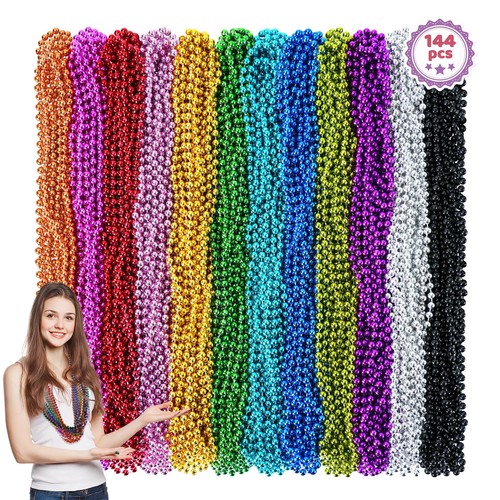 144PCS Mardi Gras Beads, 12 Colors Mardi Gras Beads Bulk, 33'' 7mm Mardi Gras