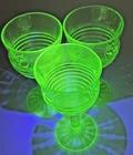 Vintage Anchor Hocking Glasses Circle Uranium Green Water Wine Goblet Glows 3 pc