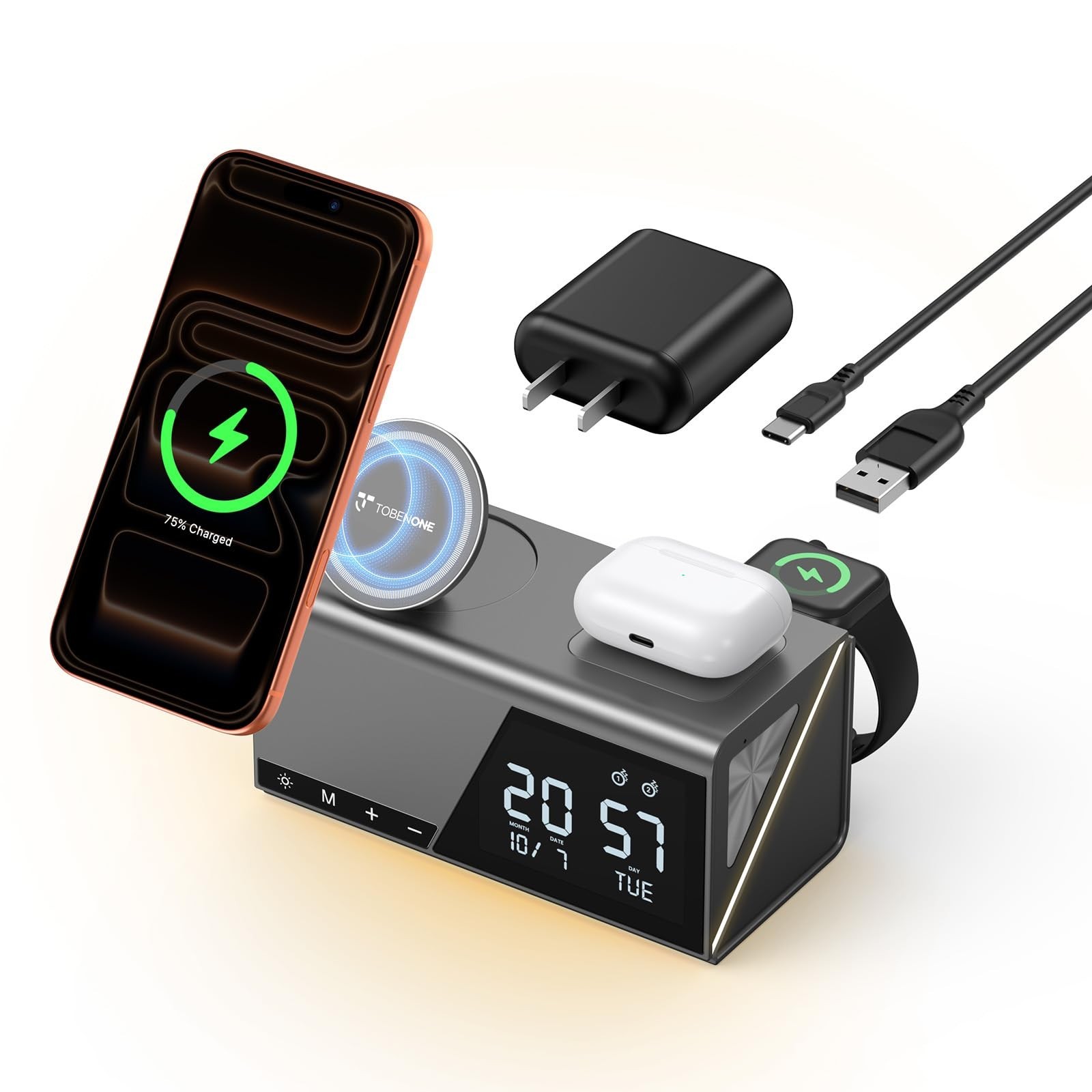 TobenONE 6 in 1 Alarm Clock Wireless Charging Station for Apple Devices