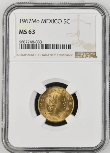 Mexico 5 Centavos 1967Mo Brass NGC MS 63
