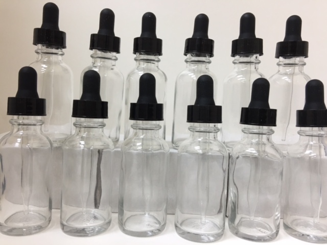 100 CLEAR BOSTON ROUND 1oz GLASS BOTTLES WITH GLASS DROPPERS ( 30ml ) Wholesale