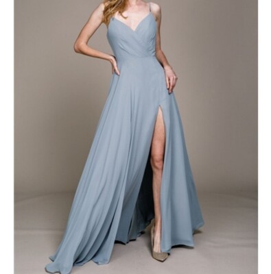 Amelia Couture Size 12 Long A-Line Chiffon Evening Dress Ice Blue Full Length