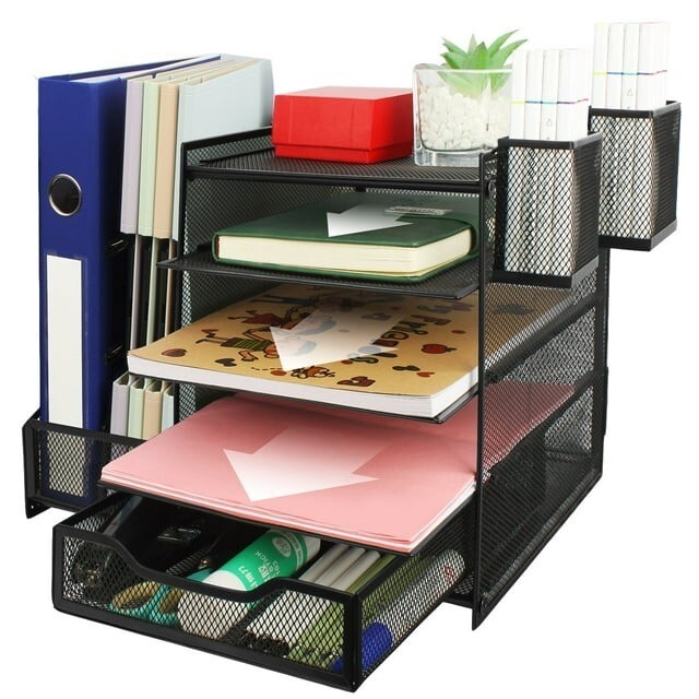 5-Tier Metal File Organizer with Drawer and Pencil Holder-image