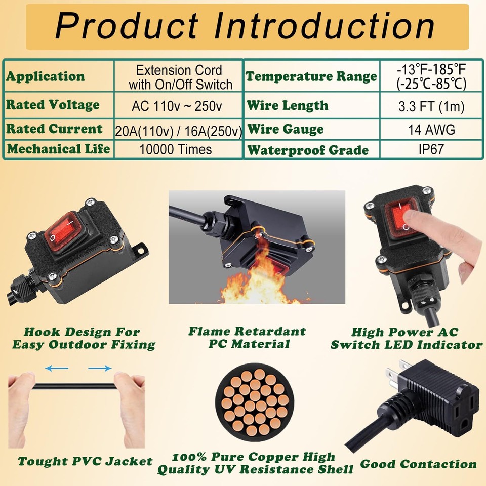 Inline Cord Switch 3ft Cable Waterproof 3-Pronged Plug On/Off Rocker ...