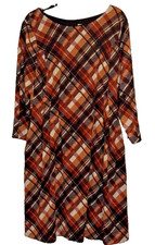 Womens Fall Winter Plaid Dress A Line Brown Black Long Sleeve Stretch Size 12
