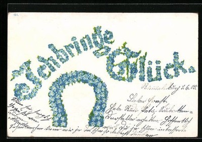Postcard ''I bring luck'', horseshoe made of forget-me-nots, 1905