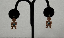 Vtg Copper Turquoise Kachina Hoop Dancer Dangle Pierced Earrings Native American