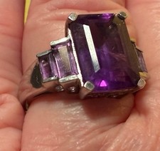 .925 Sterling Silver size 7 Emerald Cut Large Purple Amethyst Ring High Profile