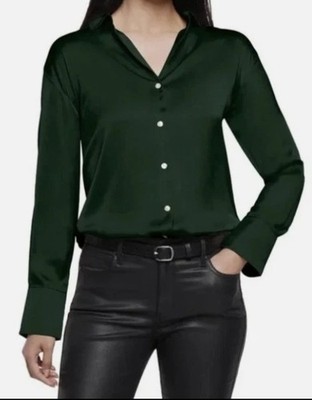 Express Women's XXL Green Satin Button-Up Long-Sleeve Shirt N0536
